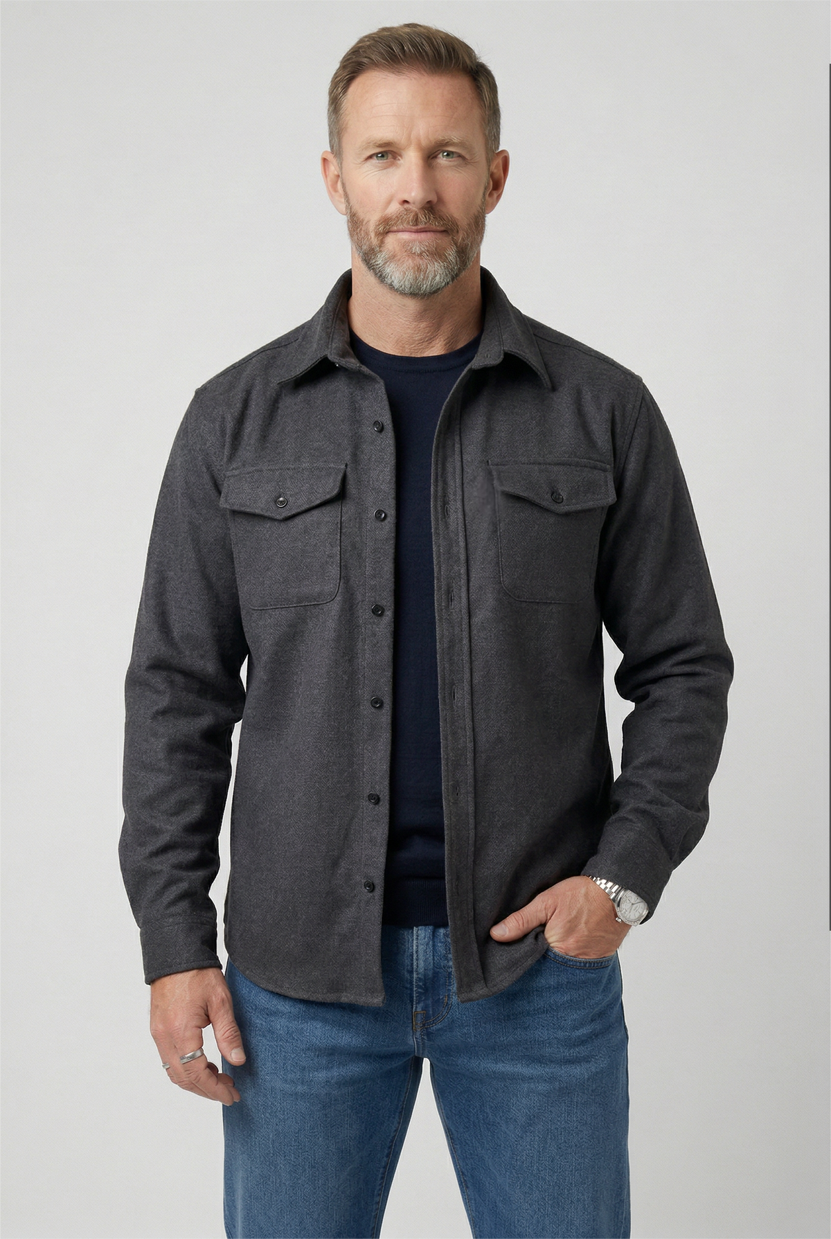 Jonathan Mens Button Up Overshirt Jacket with Chest Pockets in Dark Gray