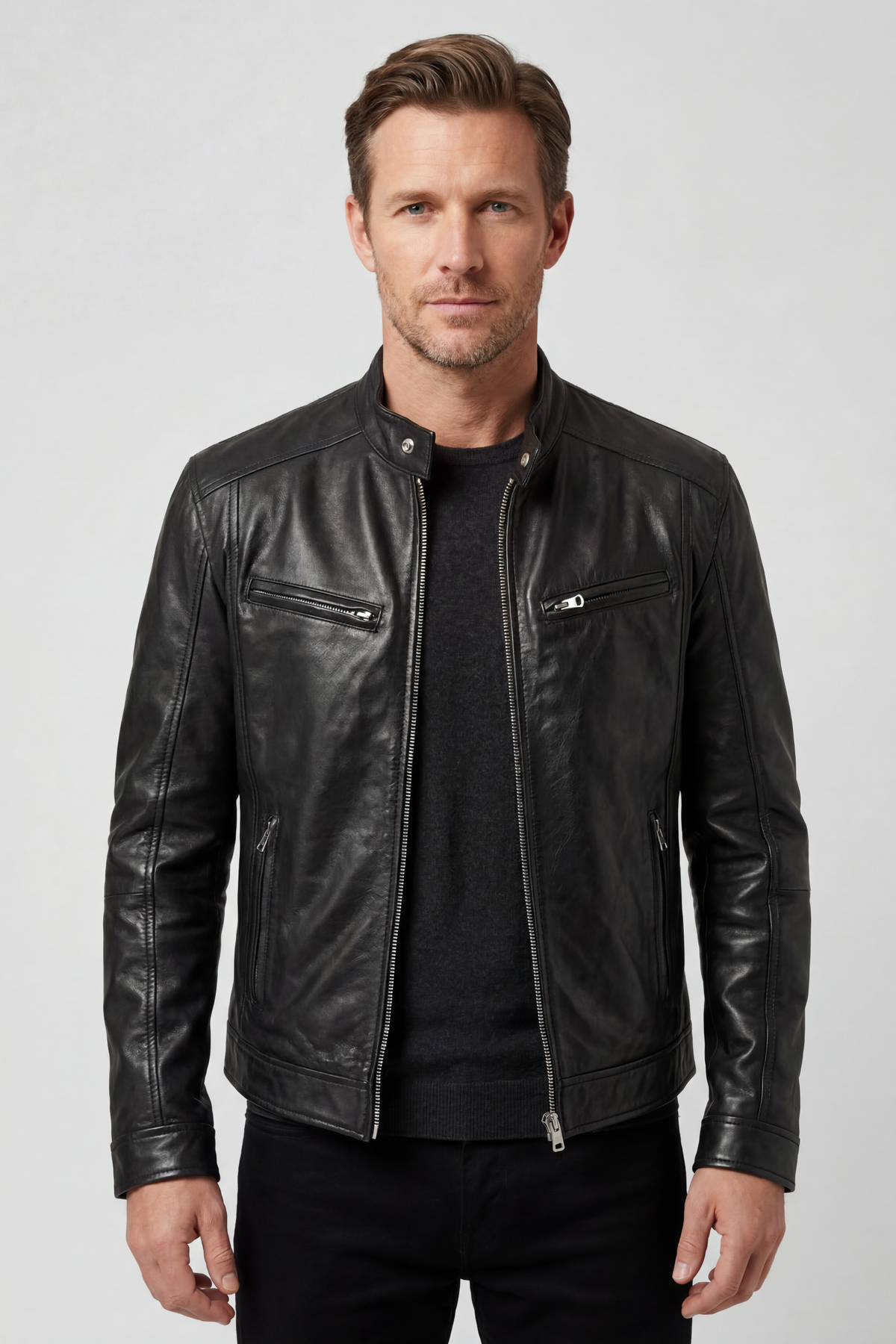 Casey Mens Leather Look Jacket with Zip Pockets in Black