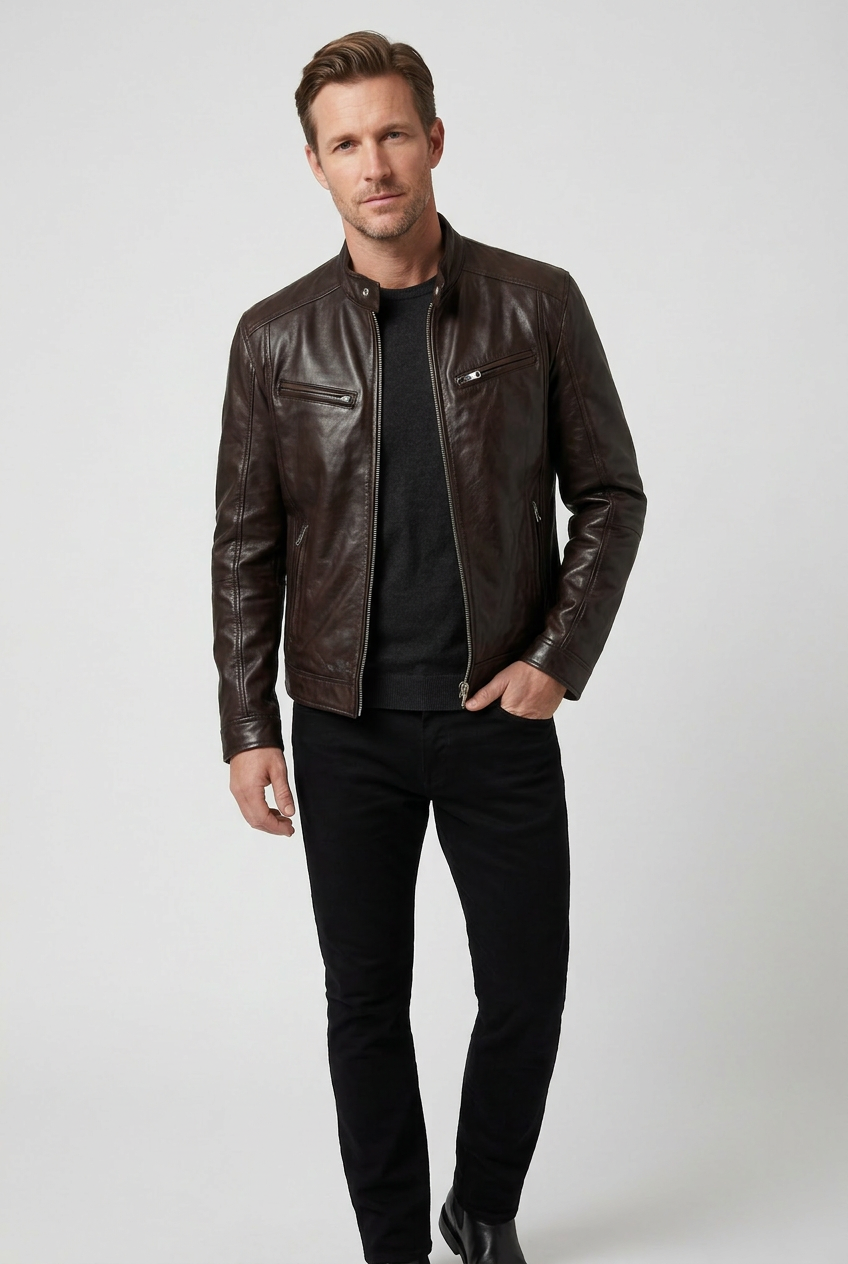 Casey Mens Leather Look Jacket with Zip Pockets in Dark Brown