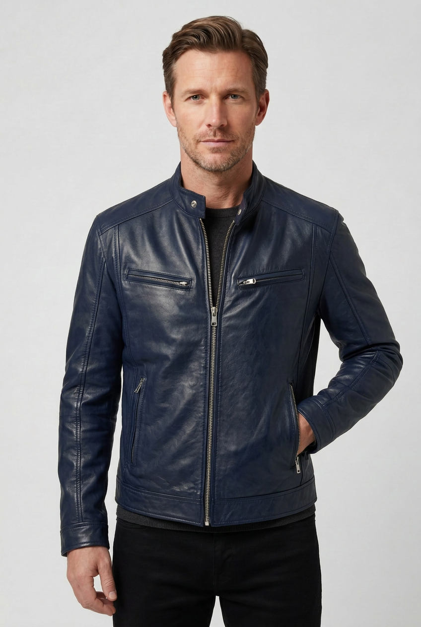 Casey Mens Leather Look Jacket with Zip Pockets in Navy