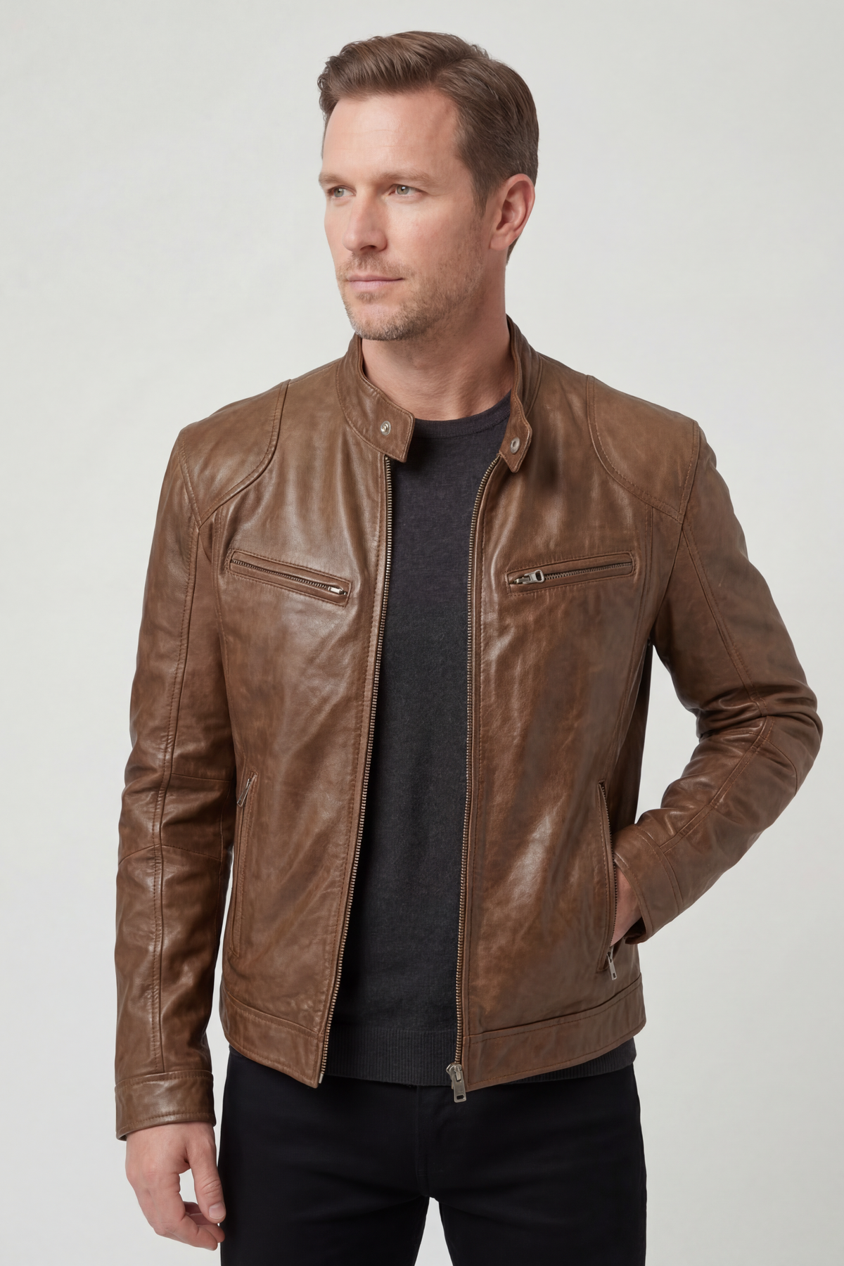 Casey Mens Leather Look Jacket with Zip Pockets in Brown
