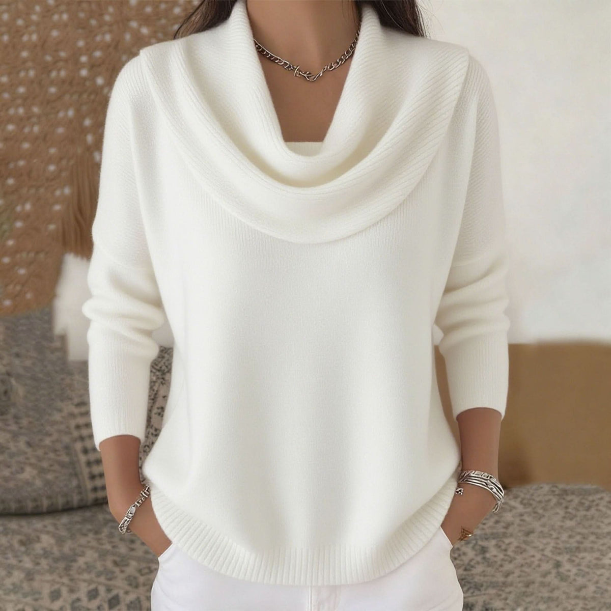 Natalie Womens Cowl Neck Knit Sweater in Soft Cotton in White