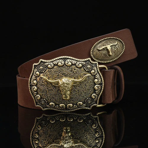 Yuan™ | Western Cowboy PU Belt – Large Cow Head Buckle
