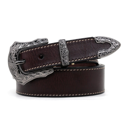Artxin™ | Men’s Western Carved Cowhide Belt – Brass Buckle