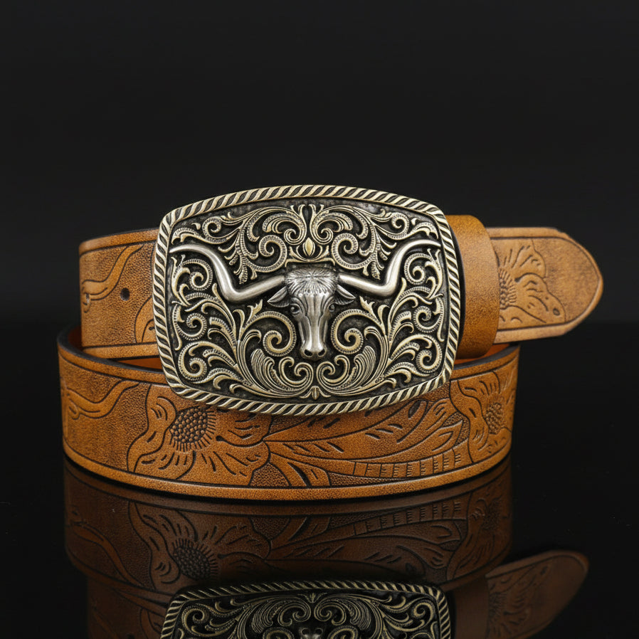Jules™ | Unisex Western Denim Leather Belt – Large Plate Buckle