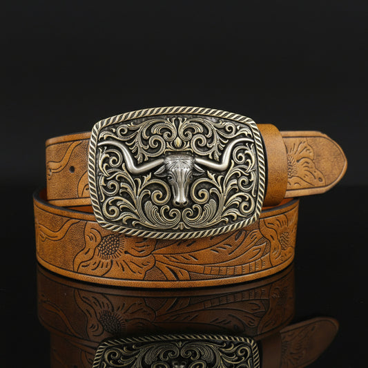 Jules™ | Unisex Western Denim Leather Belt – Large Plate Buckle