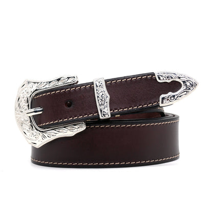 Artxin™ | Men’s Western Carved Cowhide Belt – Brass Buckle
