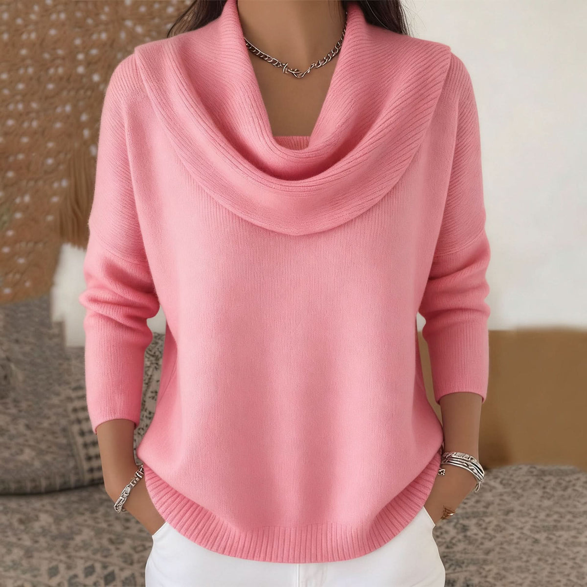 Natalie Womens Cowl Neck Knit Sweater in Soft Cotton in Pink