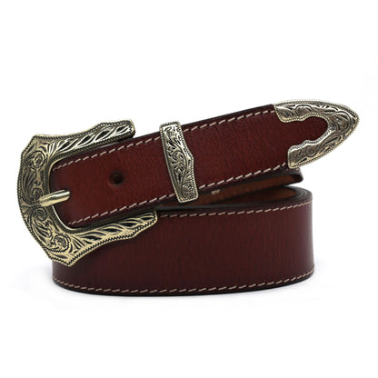 Artxin™ | Men’s Western Carved Cowhide Belt – Brass Buckle