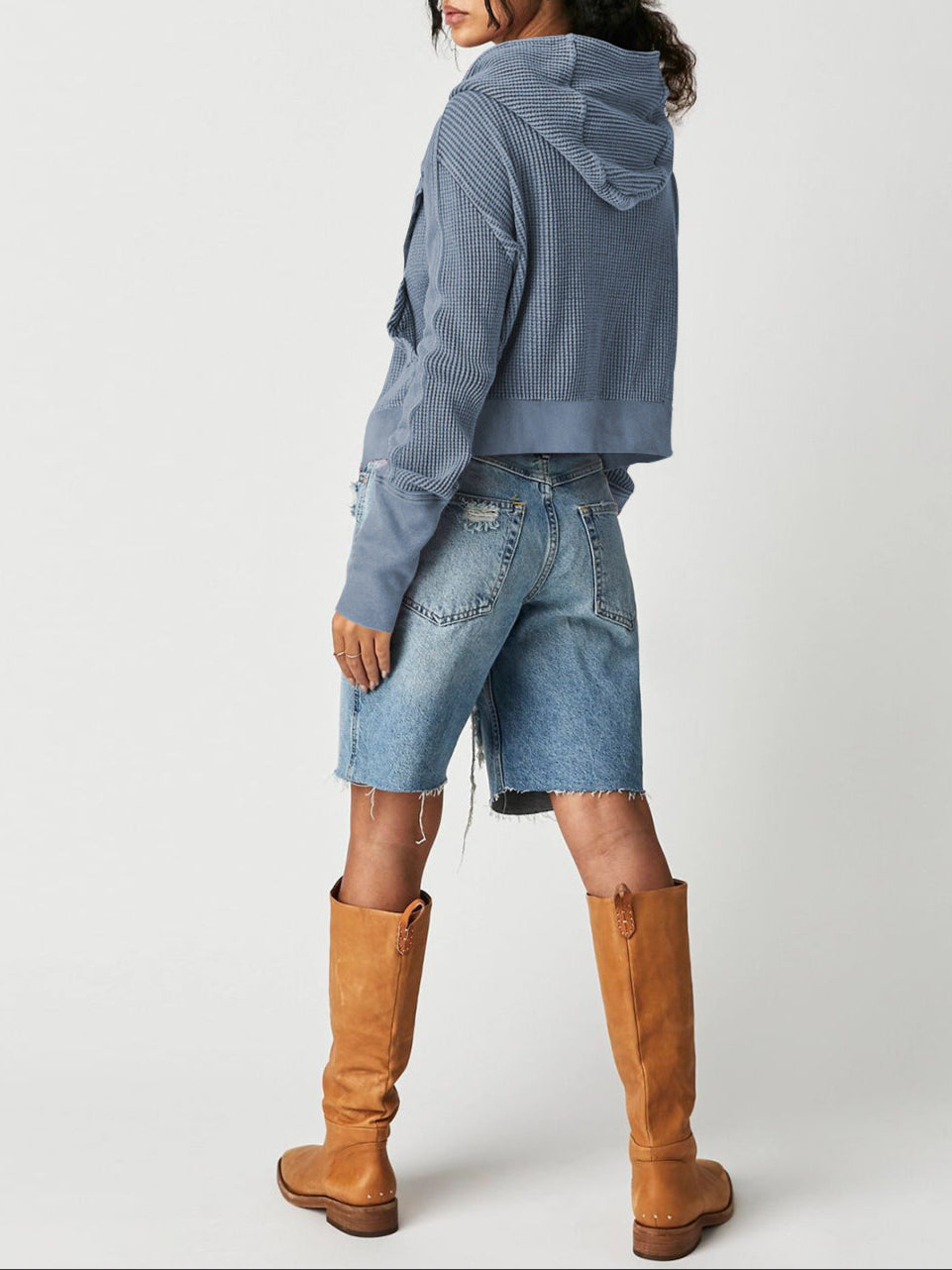 Christina Womens Cropped Zip Hoodie in Waffle Cotton