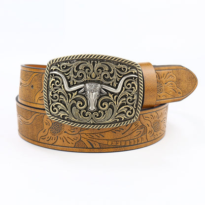 Jules™ | Unisex Western Denim Leather Belt – Large Plate Buckle