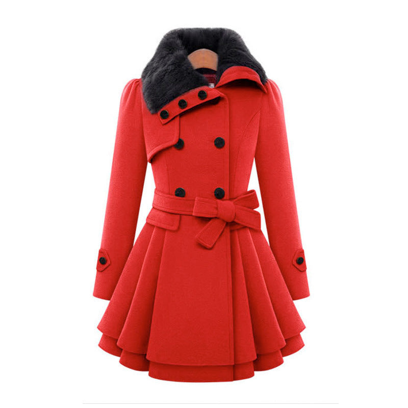 Claudia Womens Belted Trench Coat with Faux Fur Collar in Red