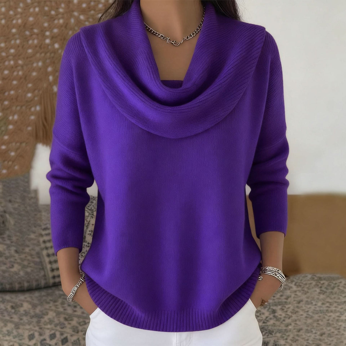 Natalie Womens Cowl Neck Knit Sweater in Soft Cotton in Purple