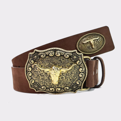 Yuan™ | Western Cowboy PU Belt – Large Cow Head Buckle