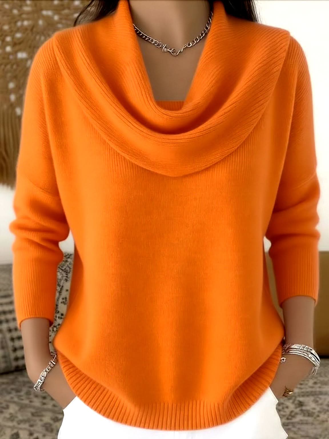Natalie Womens Cowl Neck Knit Sweater in Soft Cotton in Orange