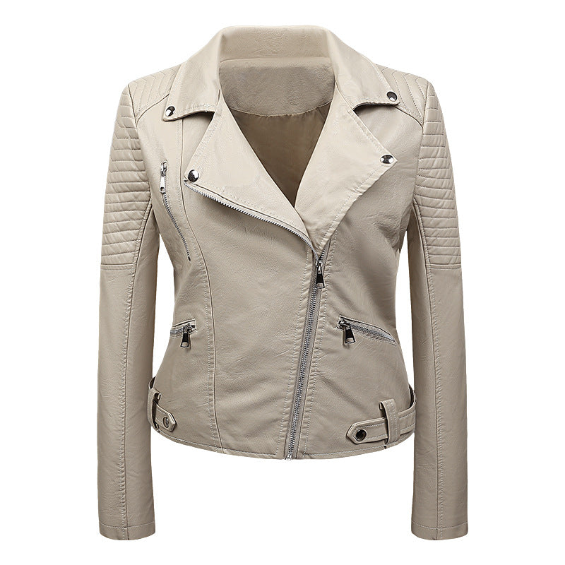 Brianna Womens Quilted Leather Biker Jacket with Asymmetric Zip in Beige