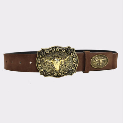 Yuan™ | Western Cowboy PU Belt – Large Cow Head Buckle