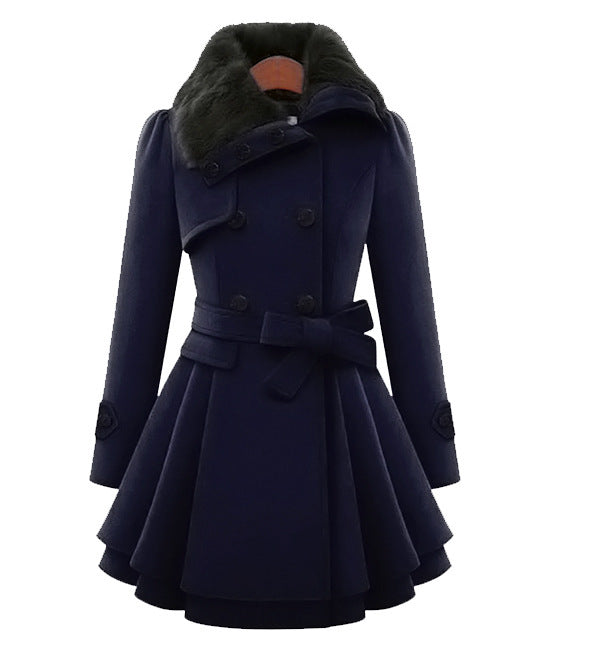 Claudia Womens Belted Trench Coat with Faux Fur Collar in Dark Blue