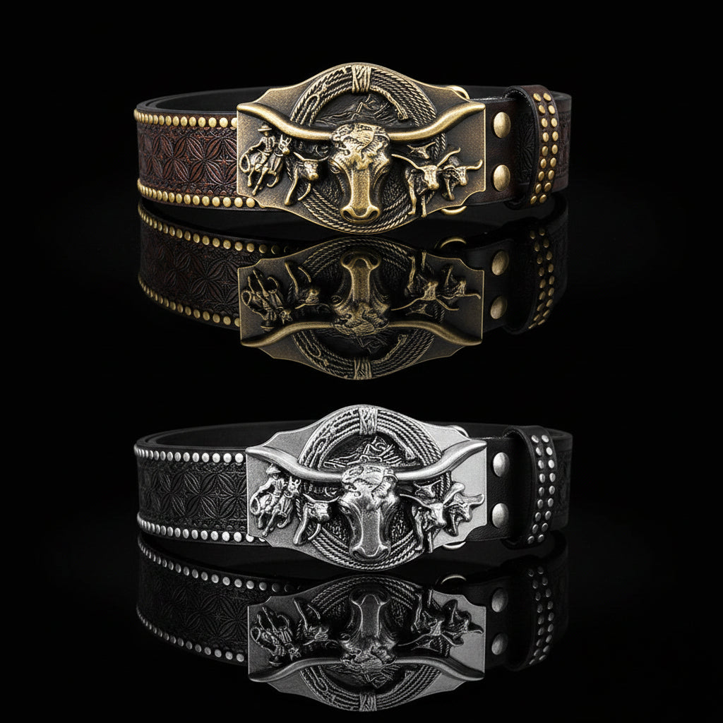 Larkin™ | Unisex Western Cowboy Belt – Bull Head Buckle