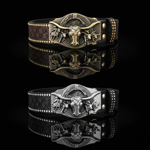 Larkin™ | Unisex Western Cowboy Belt – Bull Head Buckle
