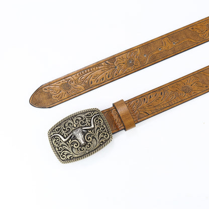Jules™ | Unisex Western Denim Leather Belt – Large Plate Buckle