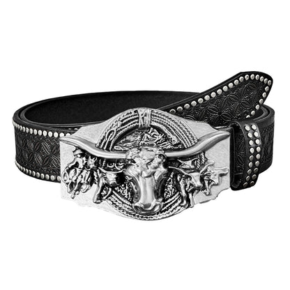 Larkin™ | Unisex Western Cowboy Belt – Bull Head Buckle