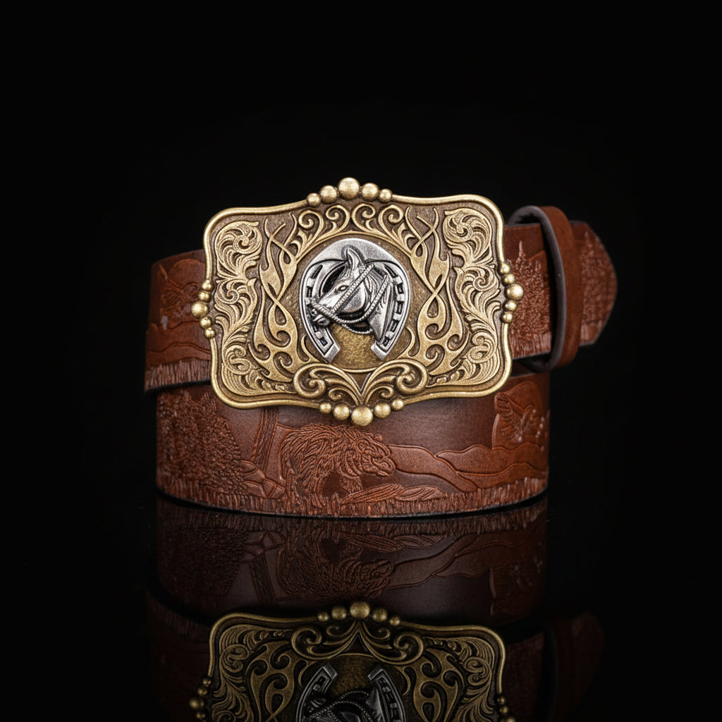 Fidel™ | Men’s Western Denim Leather Belt – Retro Plate Buckle