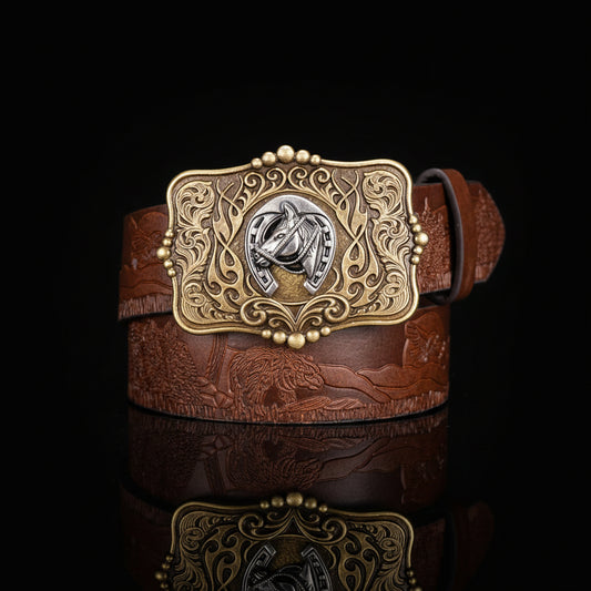 Fidel™ | Men’s Western Denim Leather Belt – Retro Plate Buckle