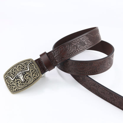 Jules™ | Unisex Western Denim Leather Belt – Large Plate Buckle