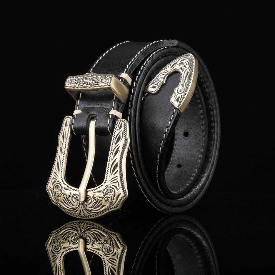 Artxin™ | Men’s Western Carved Cowhide Belt – Brass Buckle