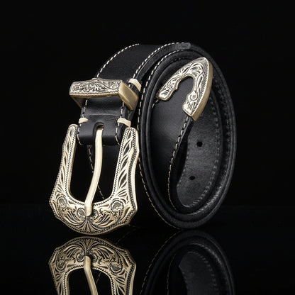 Artxin™ | Men’s Western Carved Cowhide Belt – Brass Buckle
