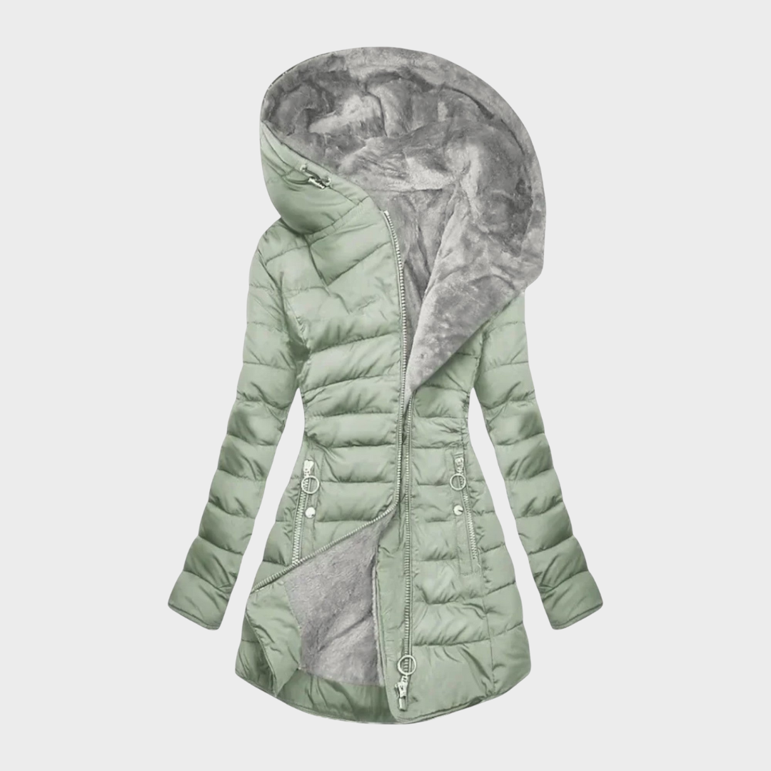 Audrey Womens Long Quilted Puffer Coat with Oversized Hood in Light Green