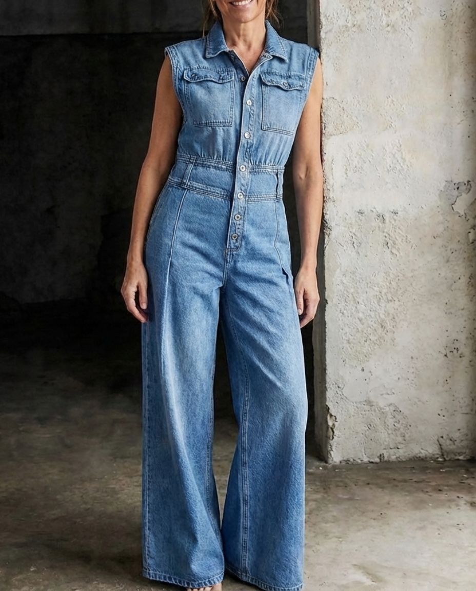 Valen™ | Cinched Waist Wide Leg Denim Jumpsuit