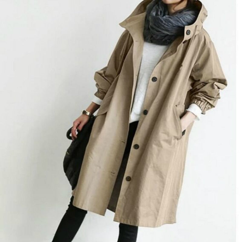 Brittany Womens Oversized Hooded Trench Coat in Khaki
