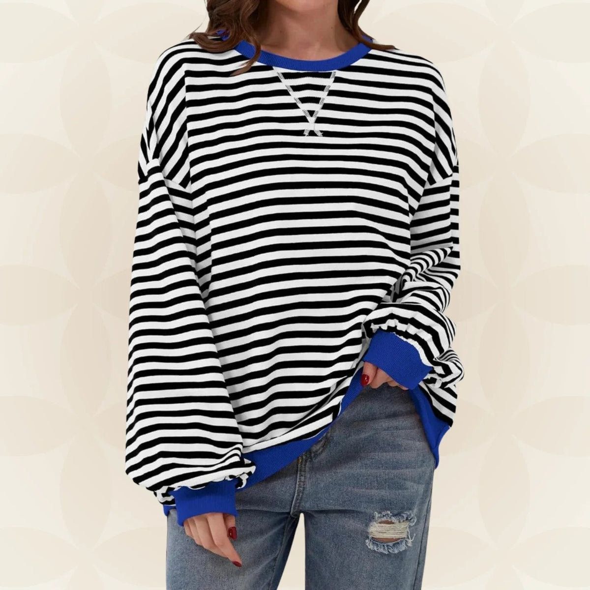 Nicole Womens Striped Sweatshirt with Contrast Ribbed Trim in Black