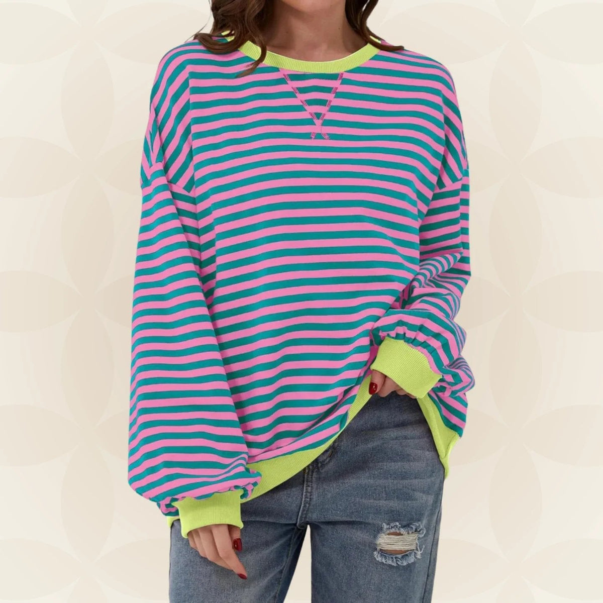 Nicole Womens Striped Sweatshirt with Contrast Ribbed Trim in Pink