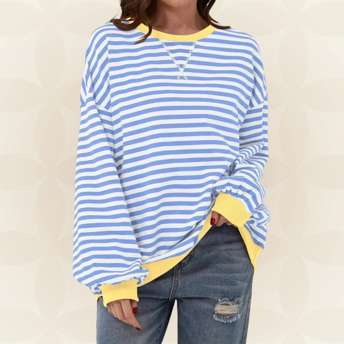Nicole Womens Striped Sweatshirt with Contrast Ribbed Trim in Light Blue