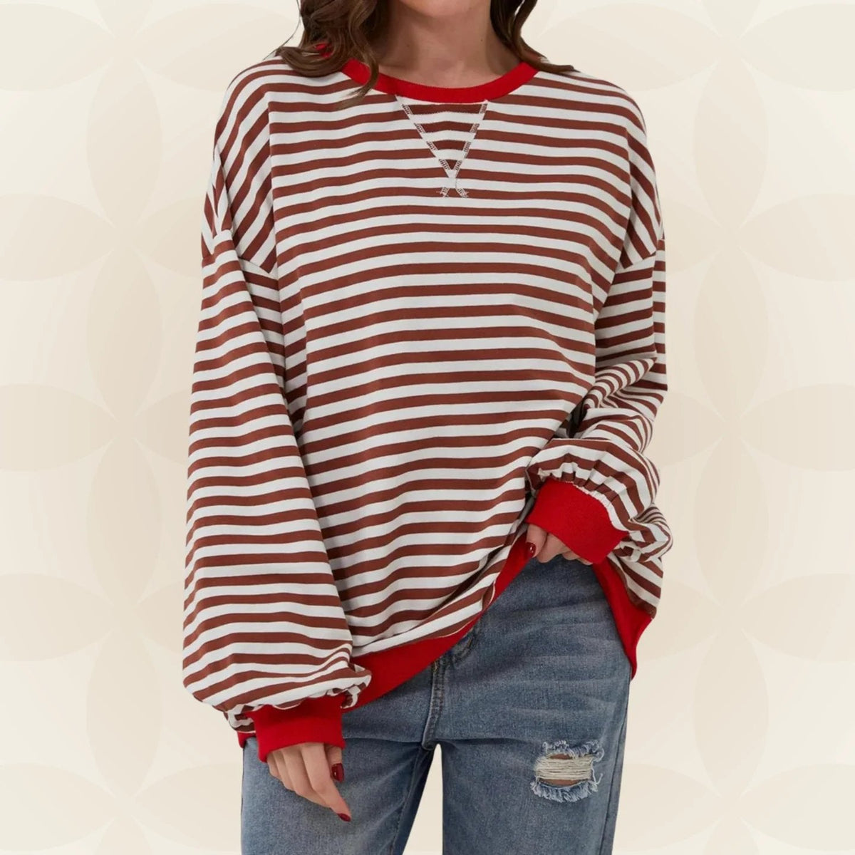 Nicole Womens Striped Sweatshirt with Contrast Ribbed Trim in Red