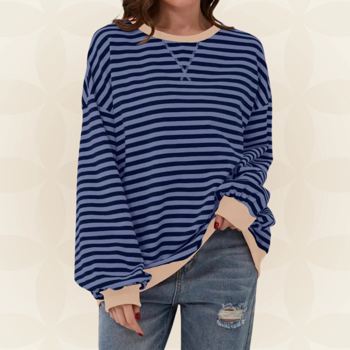 Nicole Womens Striped Sweatshirt with Contrast Ribbed Trim in Navy