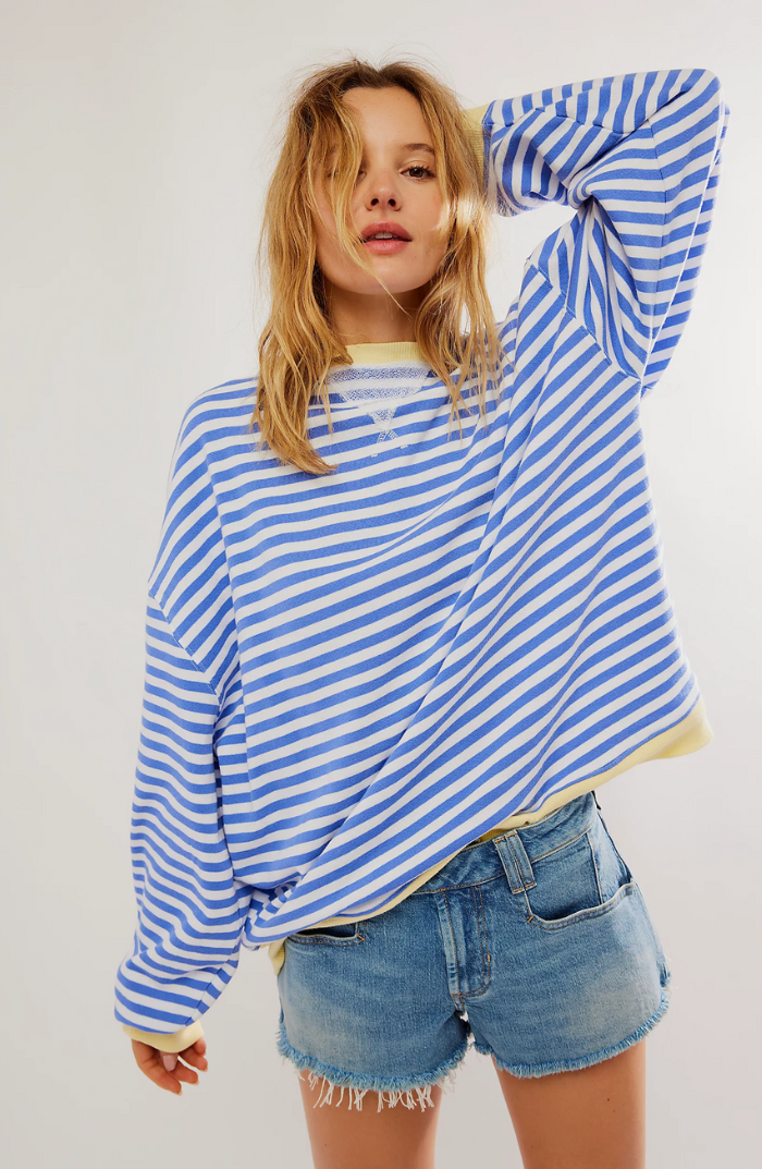 Heather Womens Oversized Striped Sweatshirt with Neon Trim in Sky Blue