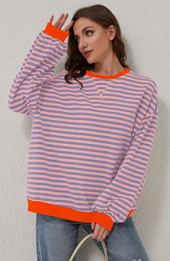 Heather Womens Oversized Striped Sweatshirt with Neon Trim in Orange and Blue