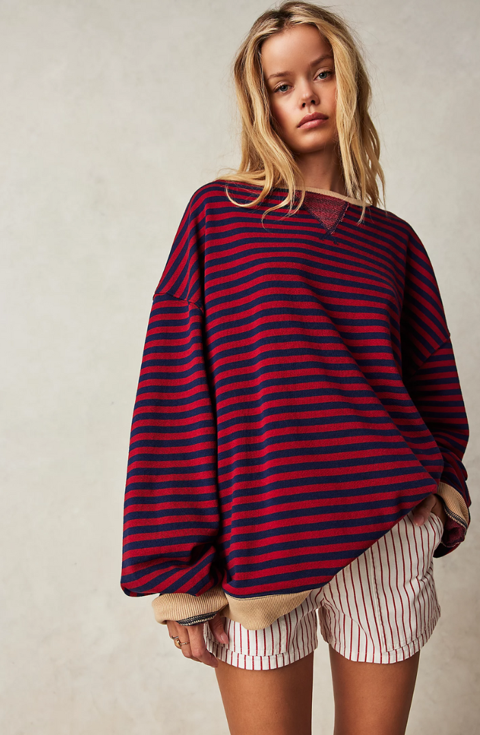 Heather Womens Oversized Striped Sweatshirt with Neon Trim in Black and Red