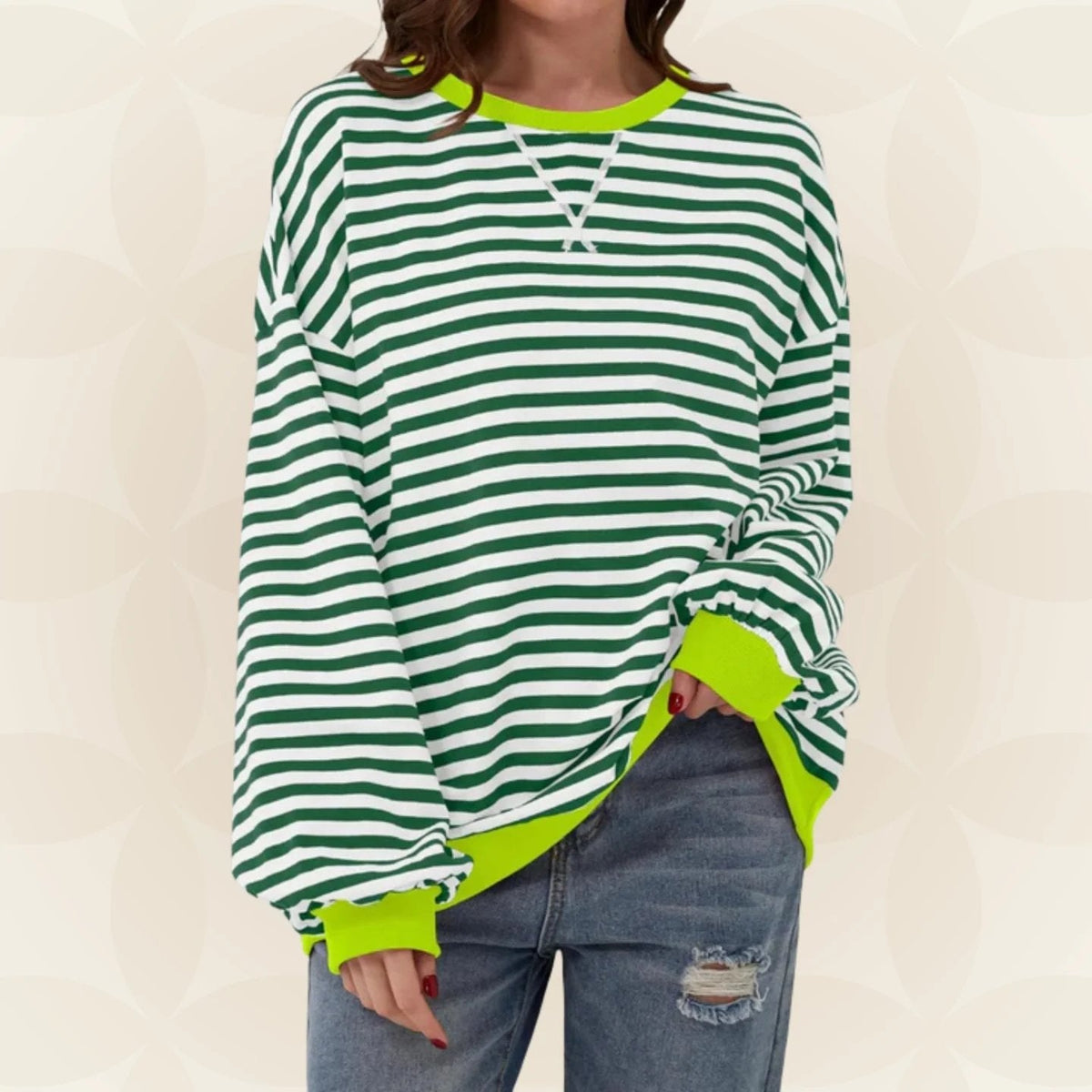 Nicole Womens Striped Sweatshirt with Contrast Ribbed Trim in Green