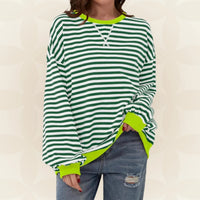 Nicole | Womens Striped Sweatshirt with Contrast Ribbed Trim | Crew Neck, Drop Shoulders | 9 Colors Sizes S-XL