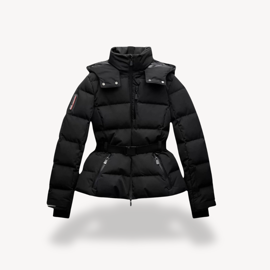 Amy Womens Belted Puffer Jacket with Hood in Black