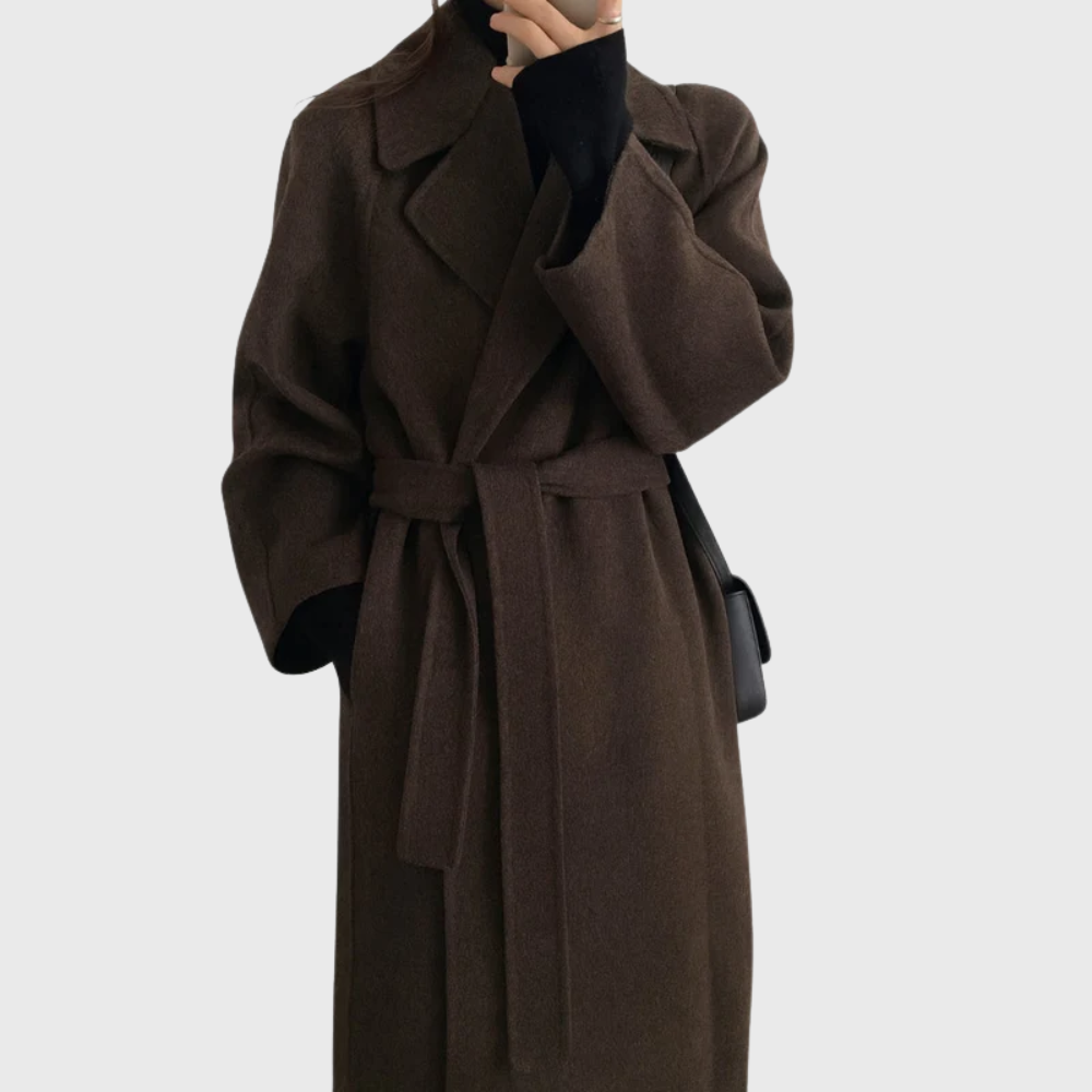 Brandi Womens Belted Wool Wrap Coat with Notched Collar in Brown