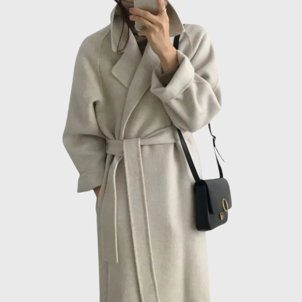 Brandi Womens Belted Wool Wrap Coat with Notched Collar in Off White