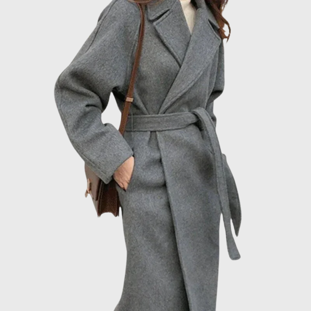 Brandi Womens Belted Wool Wrap Coat with Notched Collar