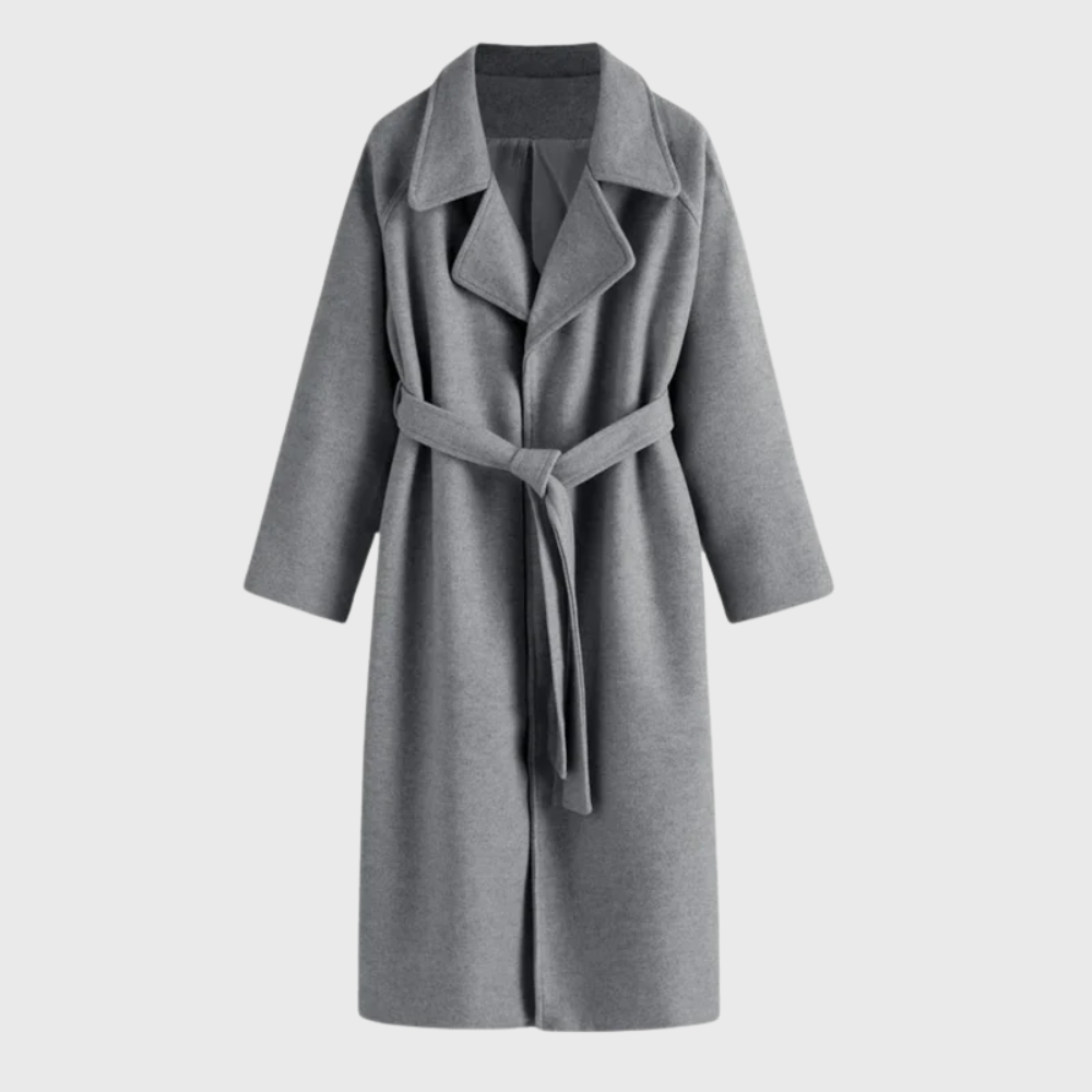 Brandi Womens Belted Wool Wrap Coat with Notched Collar in Dark Gray