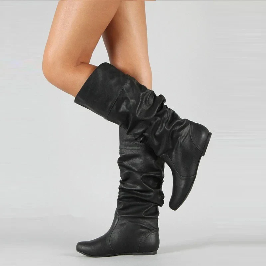 Lana Womens Mid Calf Leather Boots with Flat Sole in Black